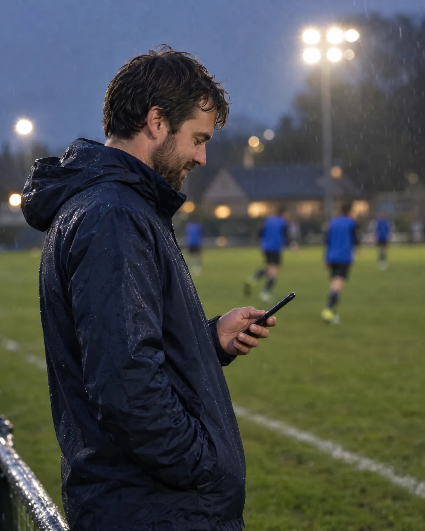 Trainer am Spielfeldrand schaut aufs Handy