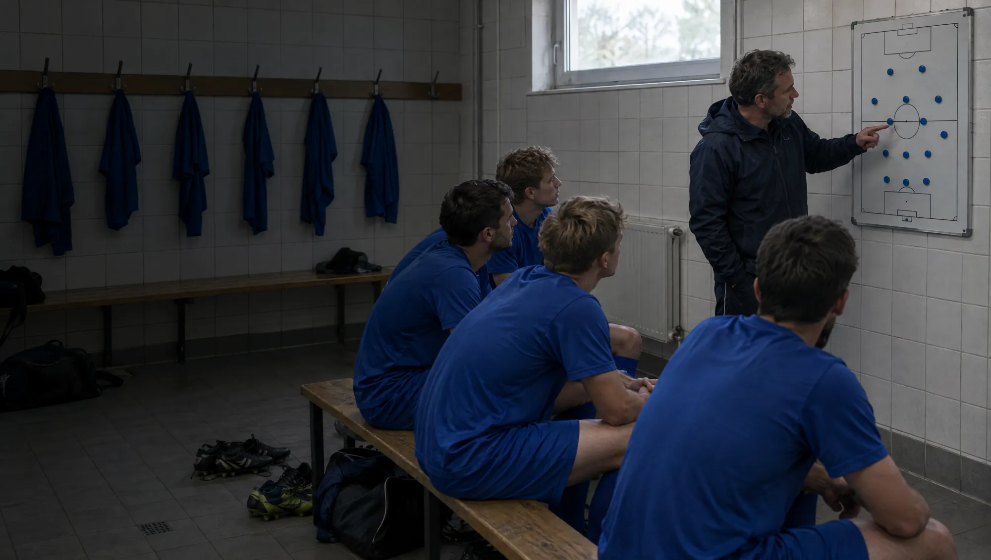 Trainer zeigt in der Kabine auf die Taktiktafel, die Spieler sitzen auf der Bank und hören zu