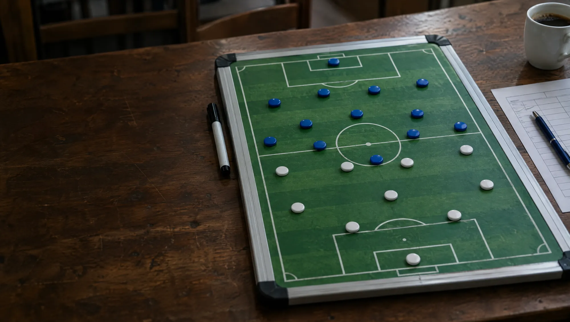 Magnetische Taktiktafel mit blauen und weißen Spielern auf einem Tisch im Vereinsheim
