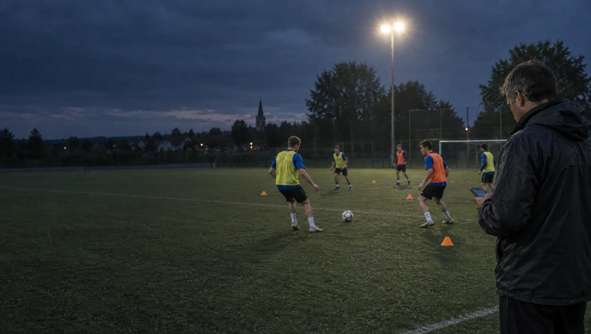 Trainer schaut beim Flutlichttraining aufs Handy, Spieler in Leibchen spielen zwischen Hütchen